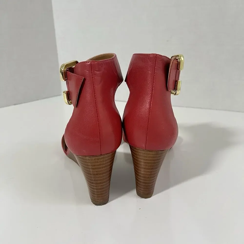 Nine West Sandals Women US 9 Orange Narcissus Leather Wedge Ankle Buckle